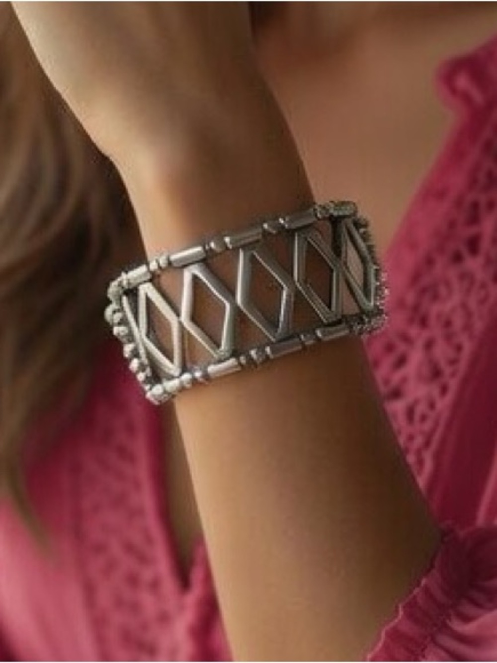 Silver-Tone Geometric Diamond Cutout Stretch Cuff Bracelet | Boho